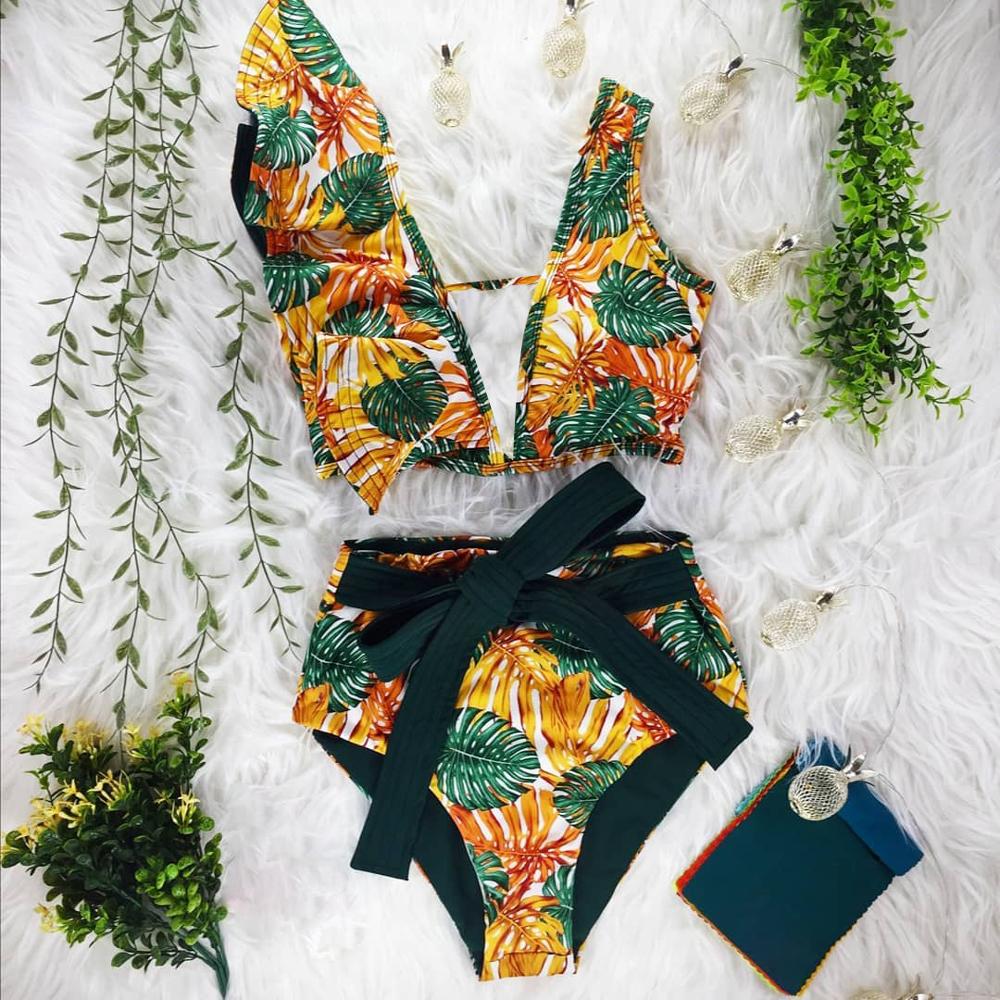 New Bikini Floral Ruffled Bikini Set Women V-neck High Waist Two Piece Swimsuit Girl Beach Bathing Suit Swimwear Biquinis