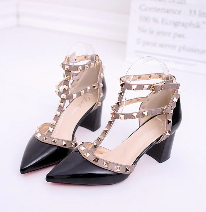 Rivet Pumps Women  New pointed patent leather rivet buckle sandals thick with heel wild thin women's shoes Party Shoes