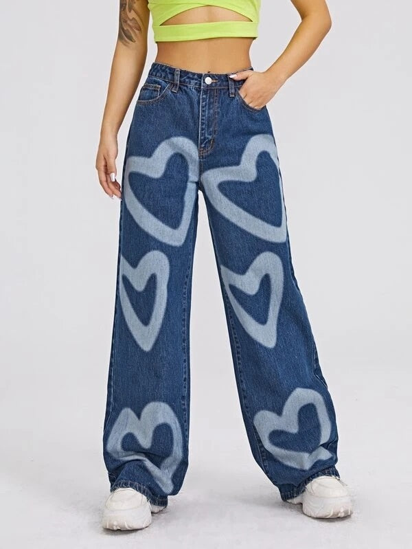 lovwvol  Fashion Trousers Medium Wash High Waist Heart Print Wide Leg Jeans