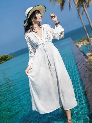 lovwvol long sleeve beach cover dresses vintage lace white summer dress sexy deep v neck long women dress boho Bohemia vestidos