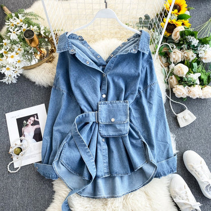 Women Spring Denim Blouses Coat Turn Down Collar Sexy Button Design Womens Denim Shirt Style Coat Women Tops Blusas