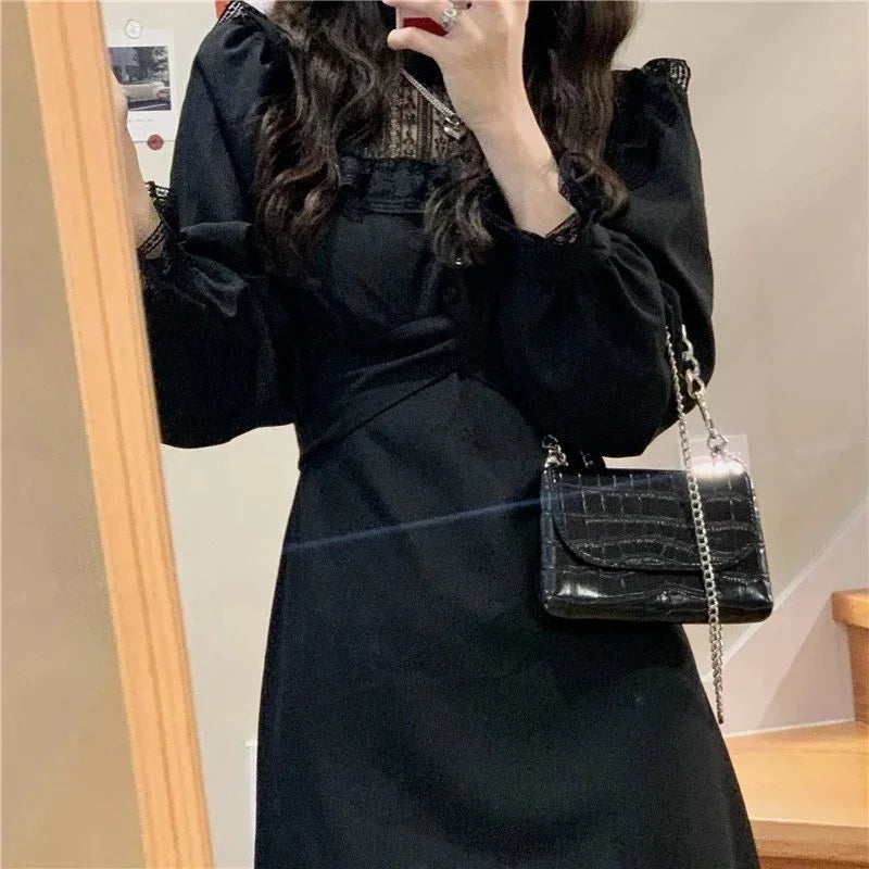 lovwvol French Lace Vintage Dress Women Fashion Puffer Sleeve Elegant One Piece Dress Korean 2022 Spring High Street Slim Midi Dress Y2k