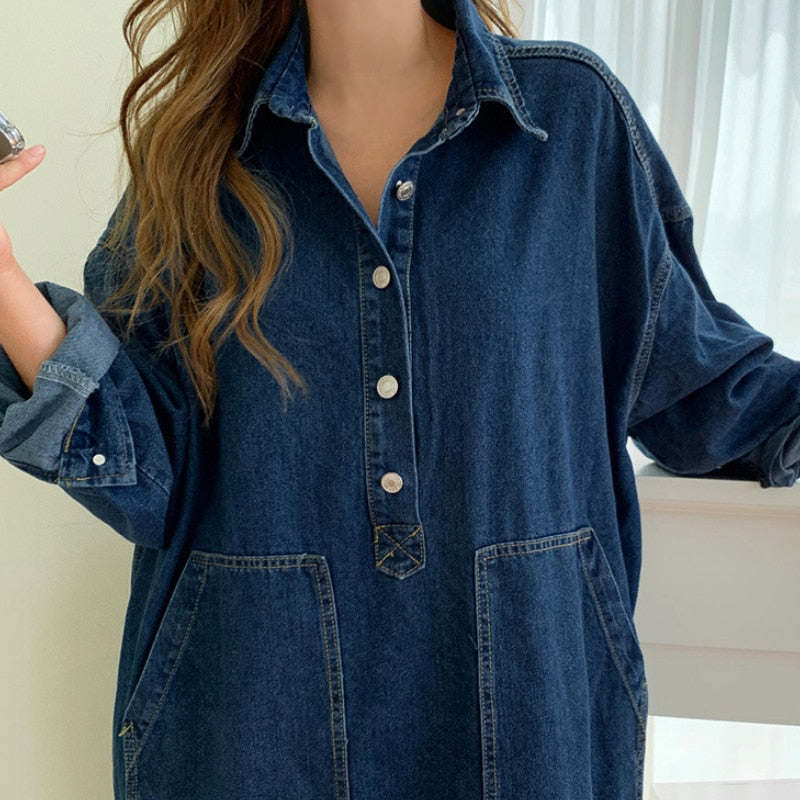 lovwvol  Women's Autumn Long Sleeve Denim Shirt Dress Za Button Pocket Jeans Maxi Vestidos Casual Loose Femme Streetwear Cowboy Midi Robe