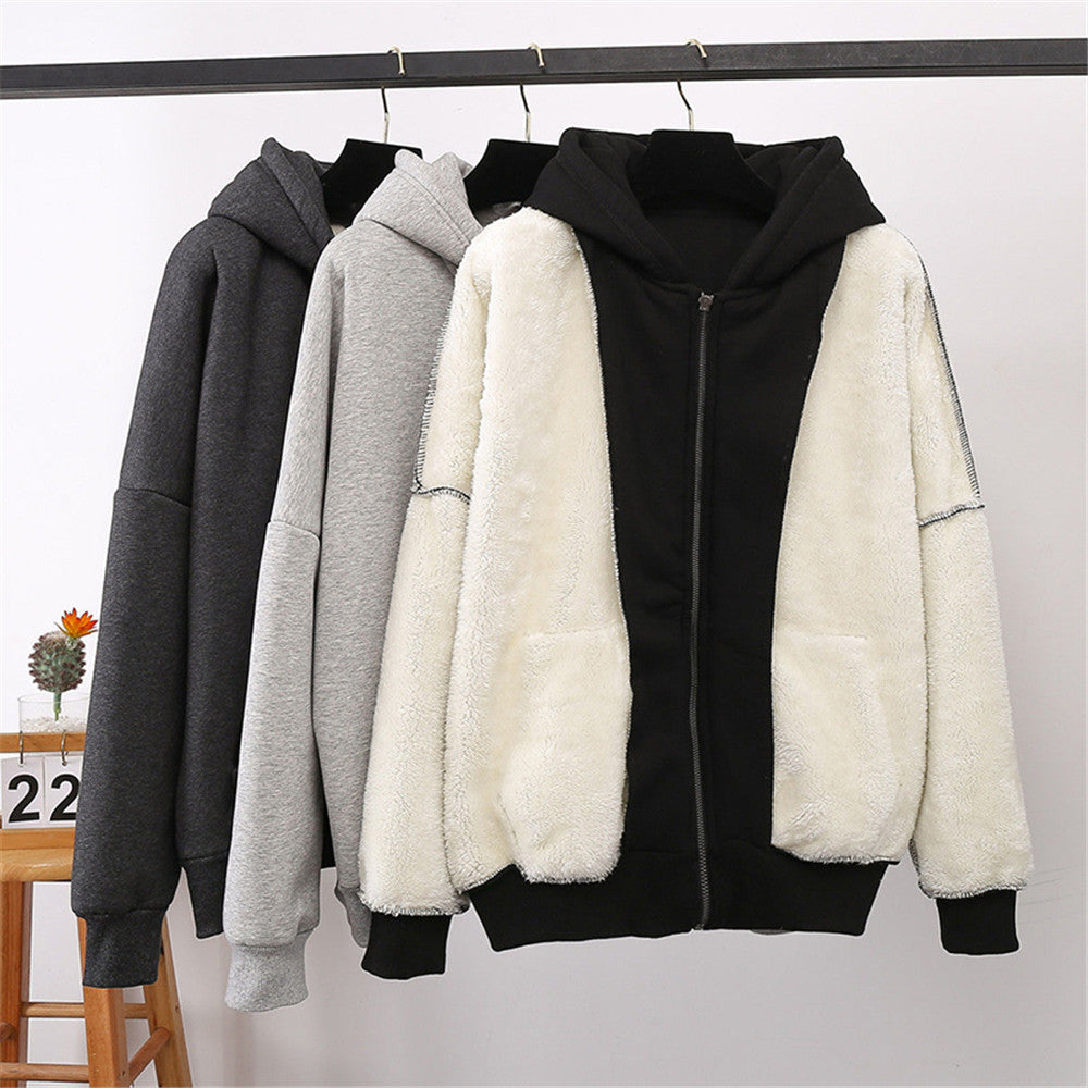 lovwvol Jacket women solid color hoodies autumn winter imitation lamb wool korean loose plus velvet thick zipper sweatshirt tops