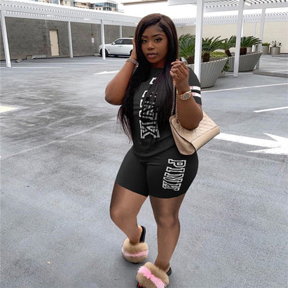 Casual 2 Piece Set Plus Size Women Tracksuit 3xl Pink Letter Print Tops + Biker Shorts Matching Sets Streetwear Outfits 3XL