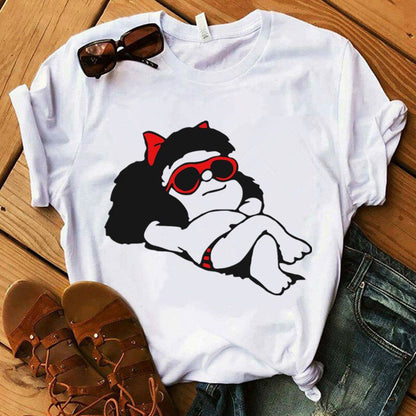 Mafalda T-shirt Women Summer Harajuku Casual Short Sleeve T-shirts Streetwear O-Neck White Tops Tee 90s Cartoon Tshirt Femme Top