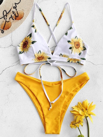 Sunflower Printed Bikini Set Sexy  Swimwear Women Mujer Push Up Padded Biquini Bathers Bandage Bathing Suit Swimsuit Bikini