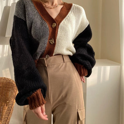 lovwvol lovwvol Spring Autumn Cropped Cardigan Sweater Knitted Women Patchwork Woman Cardigans Casual Kardigan Sweaters Ladies Cardigan 2023