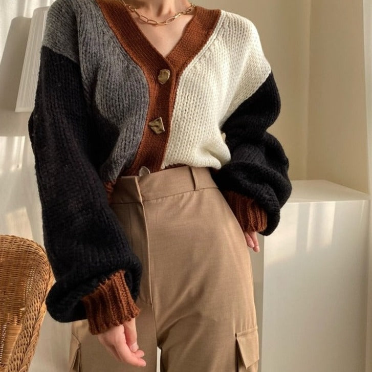 lovwvol lovwvol Spring Autumn Cropped Cardigan Sweater Knitted Women Patchwork Woman Cardigans Casual Kardigan Sweaters Ladies Cardigan 2023