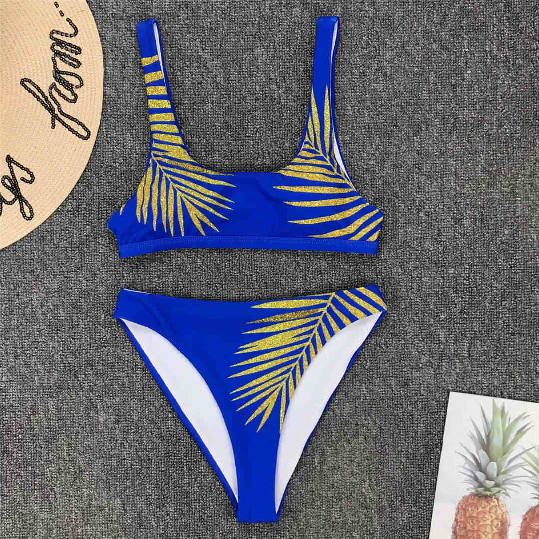 New Sexy Leave Print Female Swimsuit High Waist Bikini Women Swimwear Two-pieces Bikini set Bather Bathing Suit Swim V1795