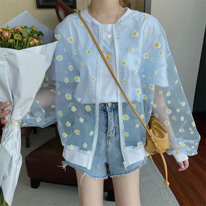 New Korean Style Loose Flower Printed Thin Jacket Sunscreen Women Long Sleeve Casual Sunscreen Jacket Veste Femme