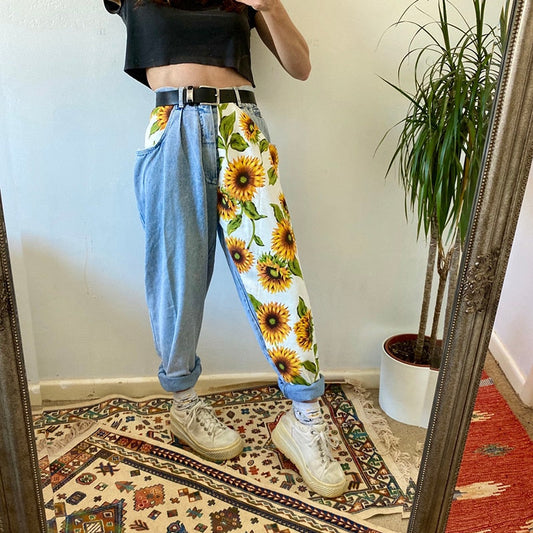 2023 New Trend Sunflowers Printed Light Blue Jeans fit women young Girls soft denim long pant patchwork Harem hight waist jeans