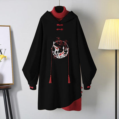 Chinese Style Hooded Stitching Vestido Cheongsam Embroidery Sweatshirt Dress Spring Autumn Women Buckle Thick Harajuku Dresses