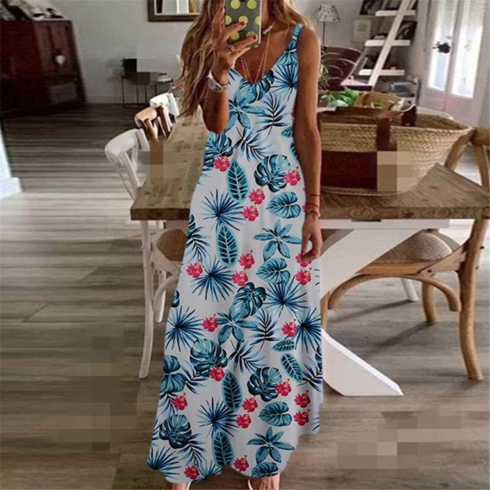 Women Dress Summer Casual Sleeveless Halter Solid Beach Long Dress Round Neck Sling Fashion Beach Clothes Plus Size 5XL