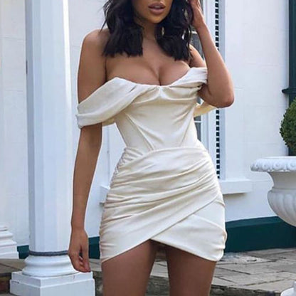 Off the Shoulder Ruched Mini Dress Fashion Christmas Celebrity Satin Pink Birthday Club Outfits Women Sexy Party Dress