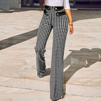 lovwvol Women Buttoned High Waist Wide Leg Tailored Pants Spring Casual Ladies Plaid Long Pencil Pants Elegant Trousers Overalls