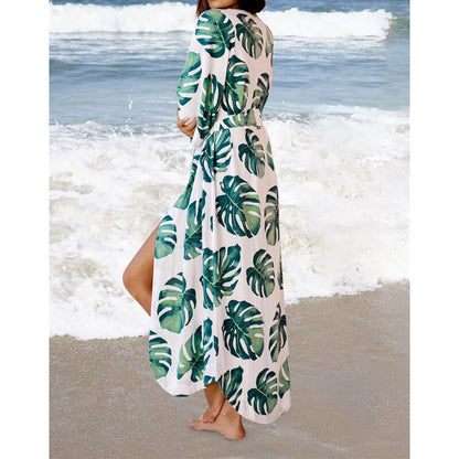 Leaves Print Bikini Beach Cover up Tunics for Beach Long Kaftan Bikini Cover up Robe de Plage Sarong Beach Swimsuit cover-ups