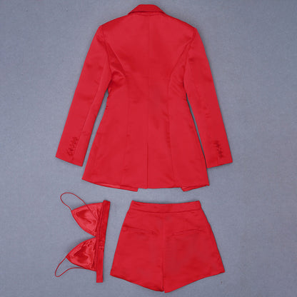 High Quality Red Satin Three Pieces Bandage Suit Sexy Long Sleeves Celebrity Fashion Party Club Blazer Coat Crop Tops Short Set