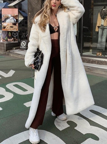 lovwvol     Winter Long White Fluffy Warm Oversized Faux Fur Coat Women with Hood Lapel Sashes Loose Korean Fashion Outerwear