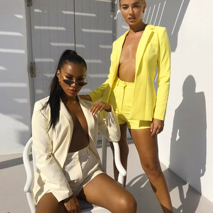 Two Piece Blazer Set Women Office Set 2 Pieces Elegant Work OL Blazer And Shorts Coat Woman Sexy Chic Suit   Summer Clothes