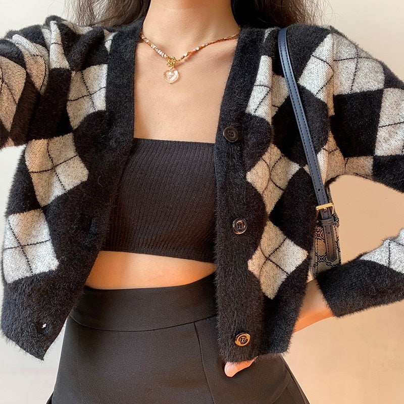 lovwvol Preppy Style Cardigan Women Long Sleeve Knitted Cardigan Argyle Cashmere Cardigan Streetwear Black Sweater Winter