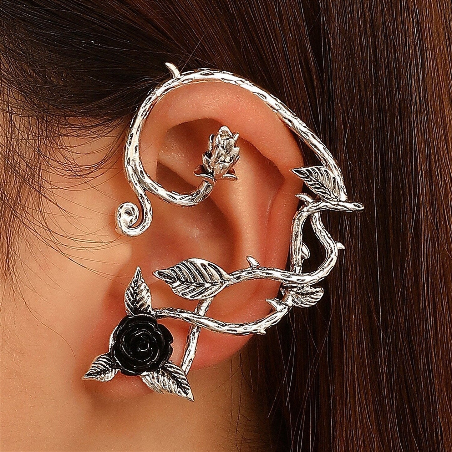 New Vintage Silver Black Rose Earrings Ring Necklace Retro Ear Pendant Popular Engagement for Women Earring Accessories