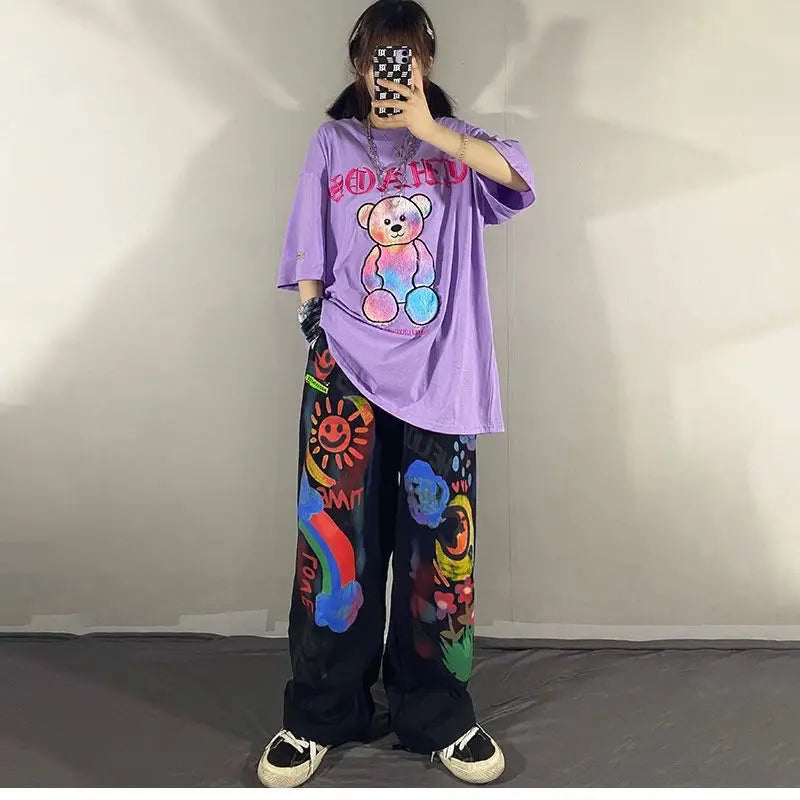 Black Gothic Graffiti Summer Pants Harajuku Punk Pants Japan Loose Autumn Trousers Fashion Funny Straight Hip Hop Pants Women