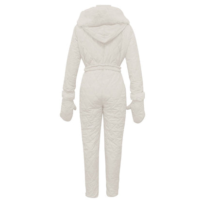 Winter Hooded Jumpsuits Parka Elegant Cotton Padded Warm Sashes Ski Suit Straight Zipper One Piece Women Tracksuits Thick