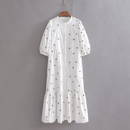 lovwvol puff sleeve midi women dresses vintage polka dot dress white cotton floral embroidery summer dress casual party vestidos