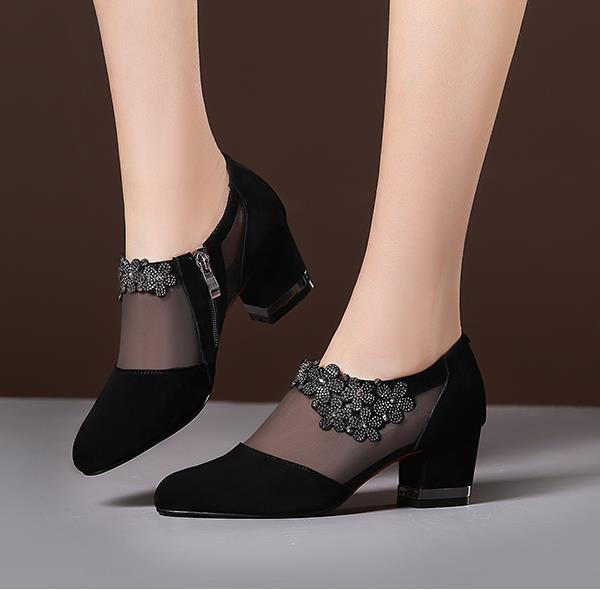 Summer Women High Heel Shoes Mesh Breathable Pumps Zip Pointed Toe Thick Heels Fashion Female Dress Shoes Elegant Footwear