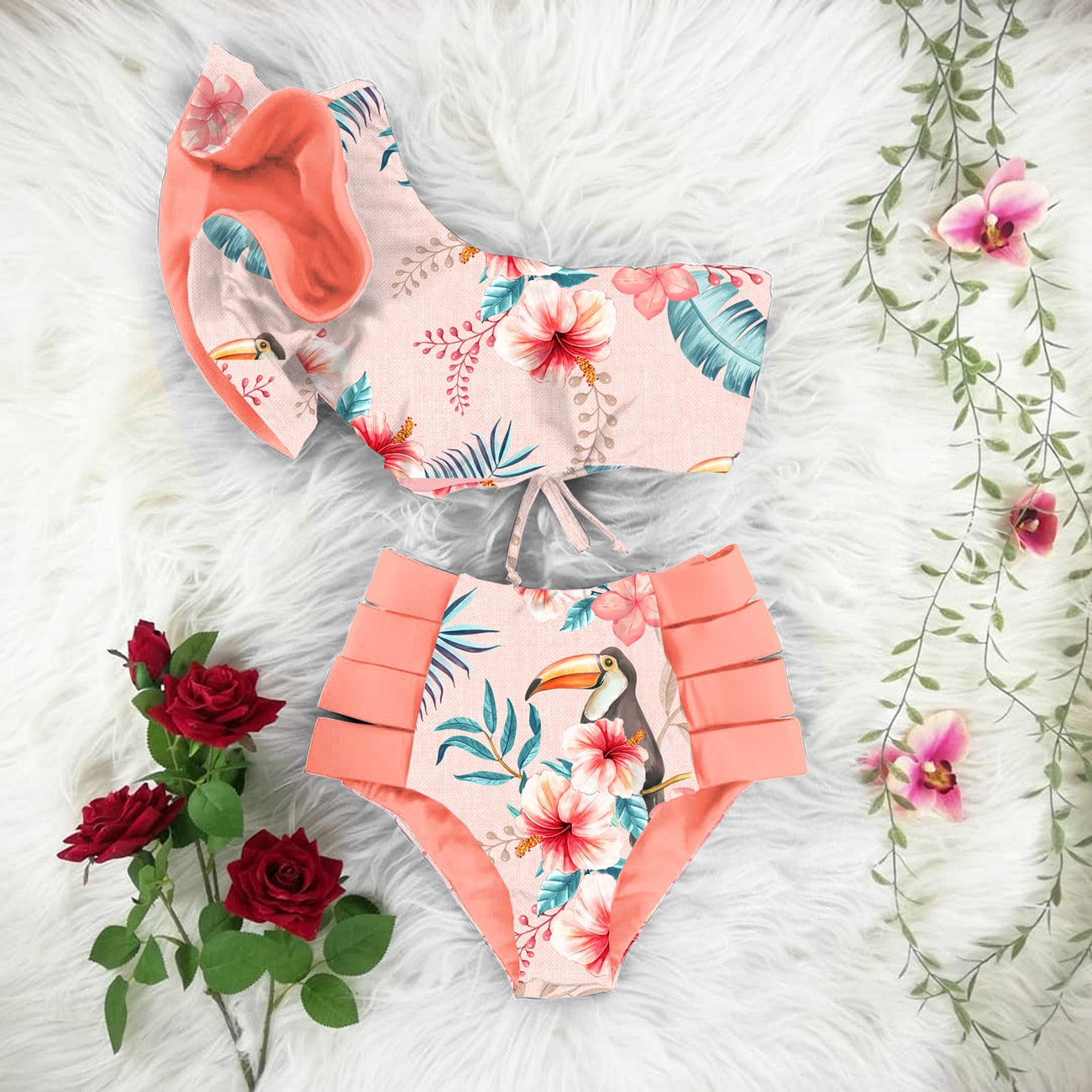 New Bikini Floral Ruffled Bikini Set Women V-neck High Waist Two Piece Swimsuit Girl Beach Bathing Suit Swimwear Biquinis