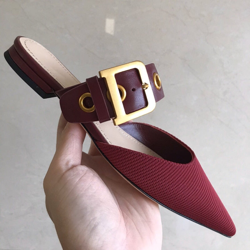 Pointed Toe Flat Mules Popular New Semi-Slipper Outer Wear Metal D-Shape Button Flat Shoes