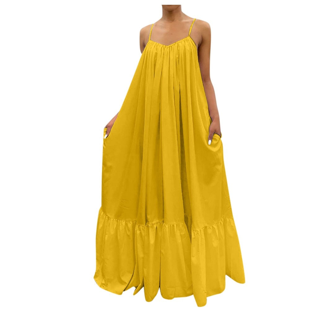 lovwvol lovwvol Women Camisole Oversized Fashion Casual Solid Maxi Dresses Strap Dress Pocket Loose Backless Big Swing Solid Floor-length Robe