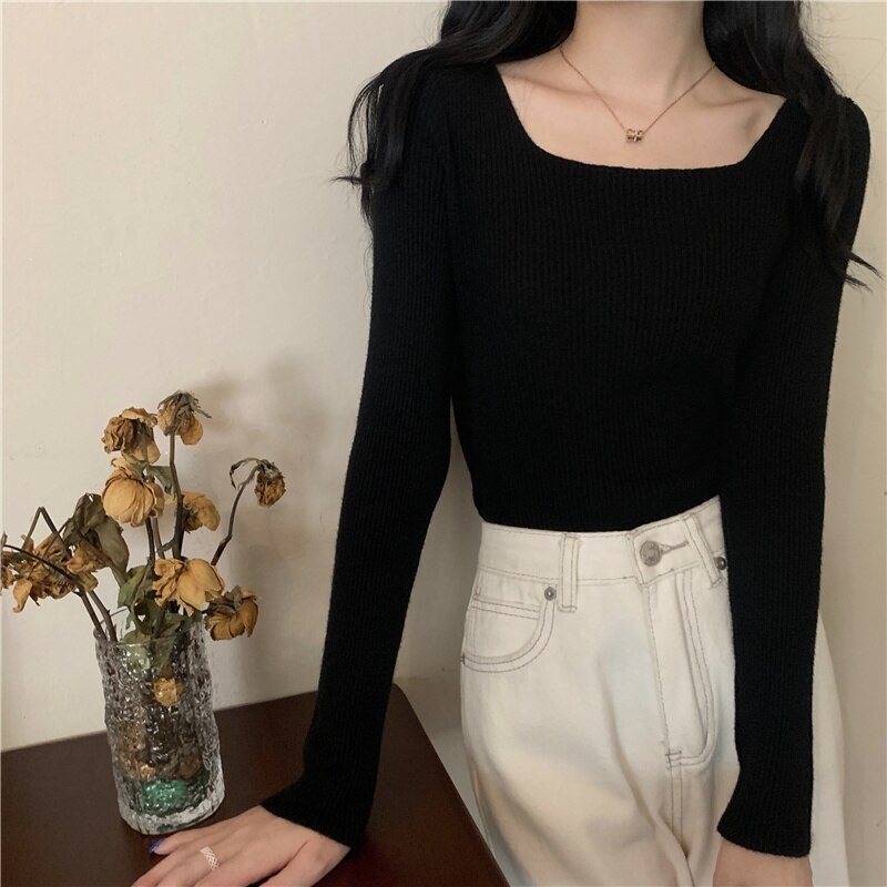 lovwvol Early Autumn Blouse Women's Style Square Neck Long Sleeve Sweater Slim Fit with Bottomed Sweater Korean Foreign Temperament Rac