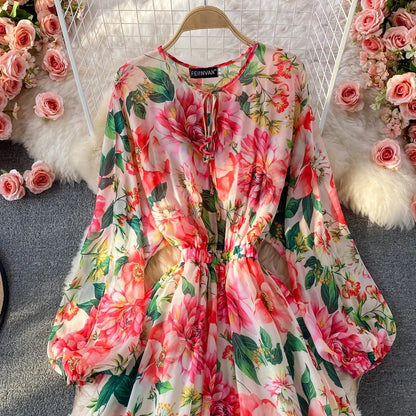 lovwvol Runway Spring Summer Vacation Dress Women Elegant Bat Sleeve Rose Print Bohemian Lady Chiffon Long Maxi Dress