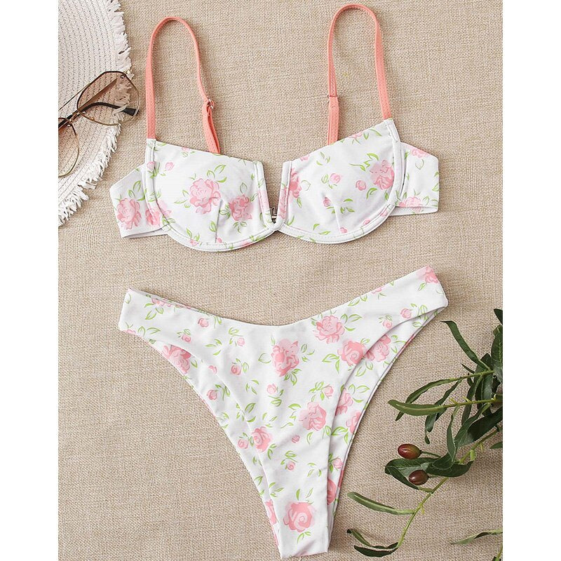 Sexy Female Swimsuit Two Piece Set Swimwear Dot Printed Push Up Bandage Bikini Set Women Underwire Beach Wear V-neck Biquini