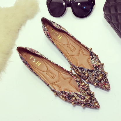 big rivets printing ballerina shoes woman shallow mouth glitter beading flats mixed color moccasins ladies OL shoes footwear