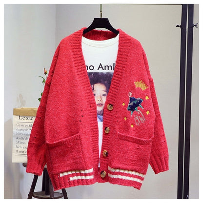 lovwvol AZYT Women Autumn Winter Knitted Cardigan Cartoon Embroidery Oversize Sweater Coat Harajuku Loose Elegant V Neck Women Cardigans