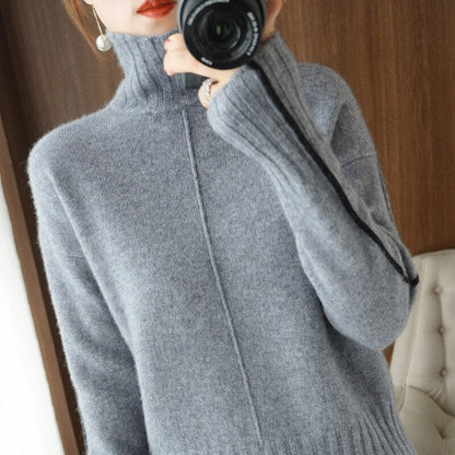 lovwvol lovwvol Autumn and winter new high-neck woolen sweater women Korean version of the vertical stripe loose inner pure wool knitted sweater