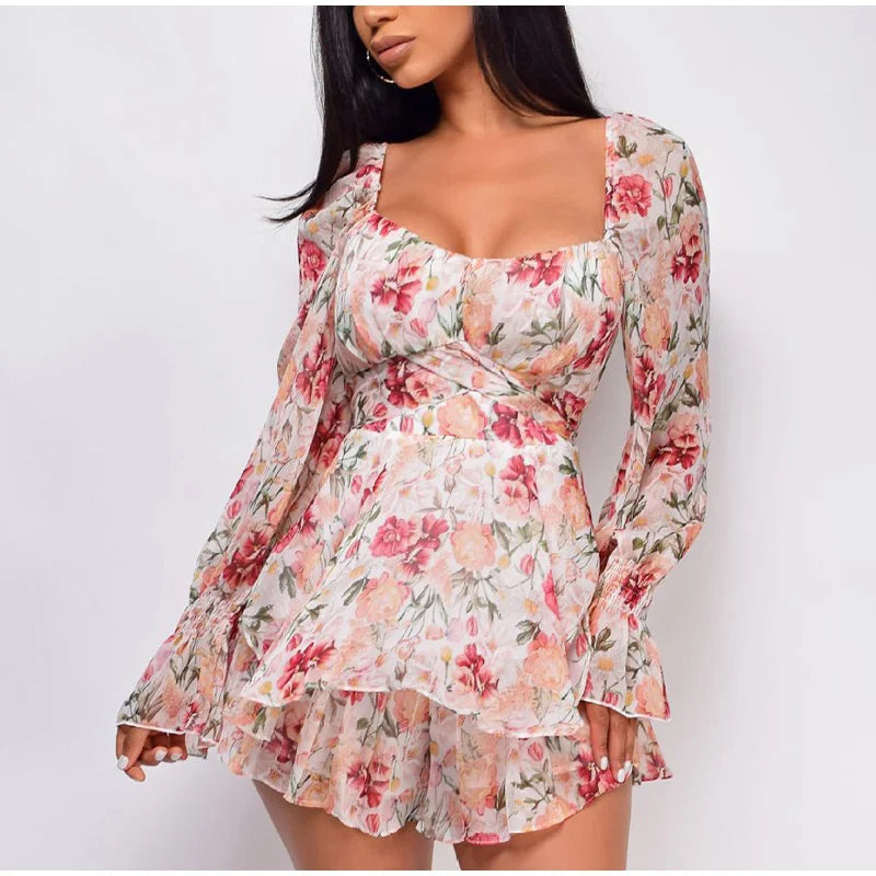 lovwvol Summer Women Jumpsuits Long Sleeve Lace Up Ruffles Floral Print Rompers Female Playsuits Square Collar Outfits