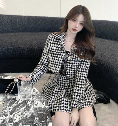 Women New Spring 2 Piece Matching Suits Long Sleeve Plaid Short Jacket&High Waist Pleated Mini Skirt Vintage 2pc Dress Sets