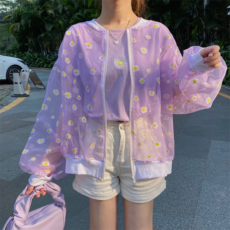 New Korean Style Loose Flower Printed Thin Jacket Sunscreen Women Long Sleeve Casual Sunscreen Jacket Veste Femme