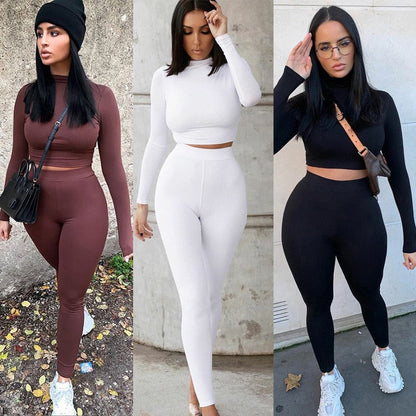 lovwvol Two Piece Sets Women Solid Autumn Tracksuits High Waist Stretchy Sportswear Hot Crop Tops And Leggings Matching Outfits