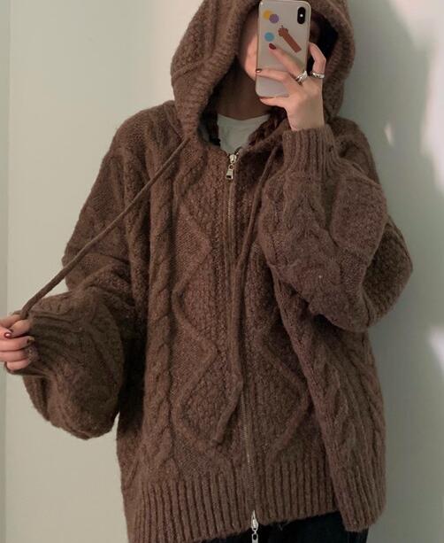 Women Autumn Winter Twist Zipper Hooded Sweater Coat Knitted Cardigan Jacket Oversized Long Lantern Sleeve Outwear