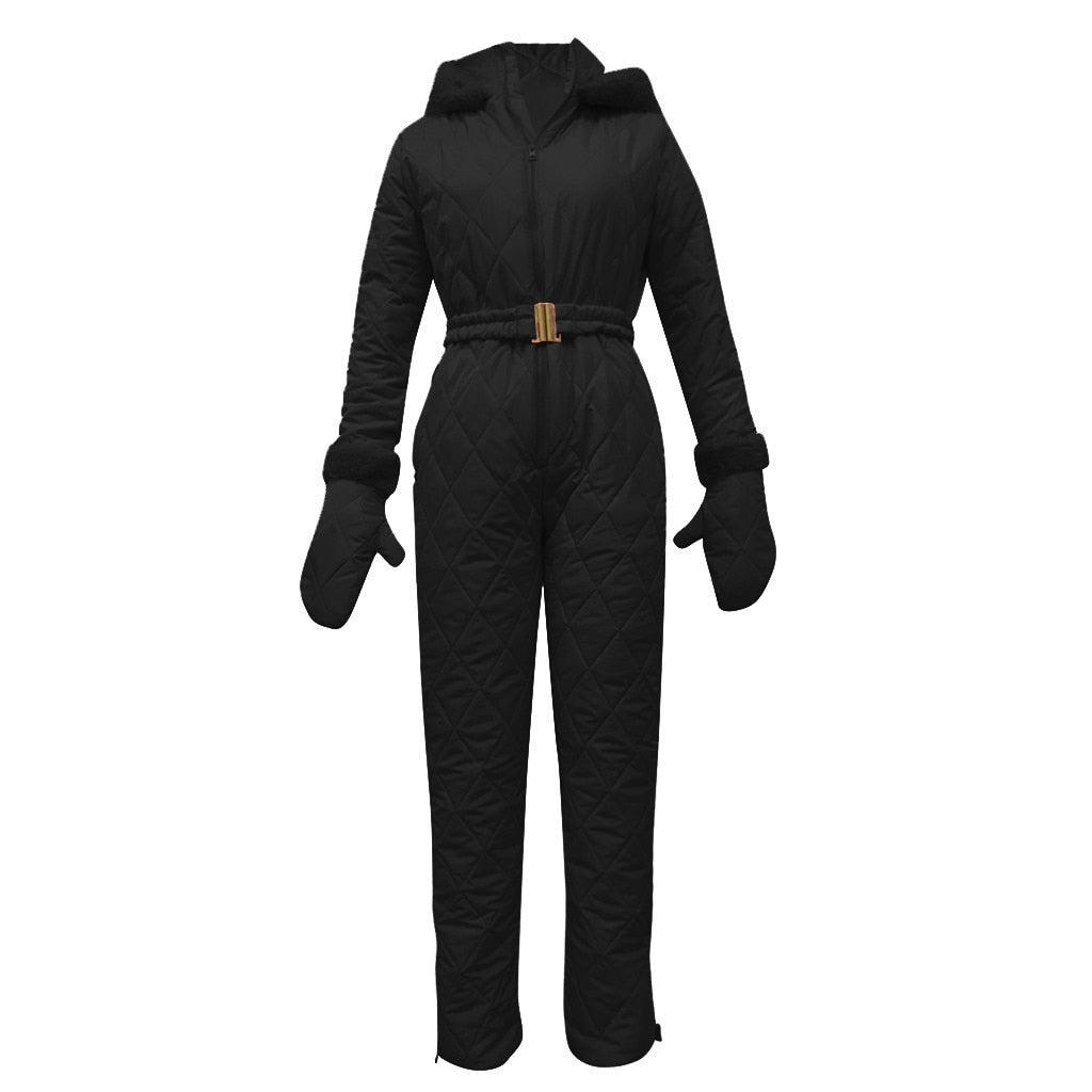 Winter Hooded Jumpsuits Parka Elegant Cotton Padded Warm Sashes Ski Suit Straight Zipper One Piece Women Tracksuits Thick