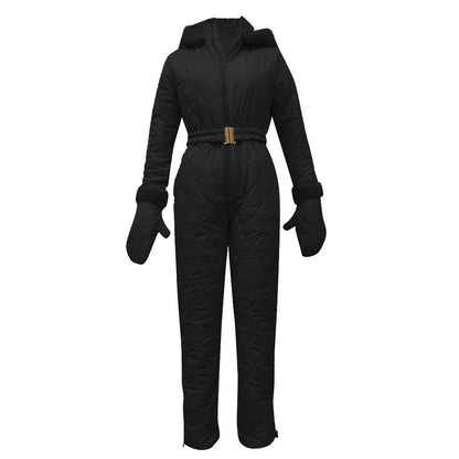 Winter Hooded Jumpsuits Parka Elegant Cotton Padded Warm Sashes Ski Suit Straight Zipper One Piece Women Tracksuits Thick