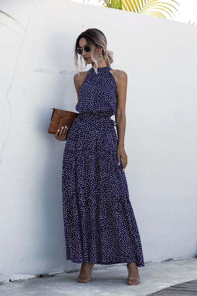 Summer Elegant  beach Women Dress  long Print Flowers Polka-dot strap Ladies Halter boho Dress Vintage party ladies Dress