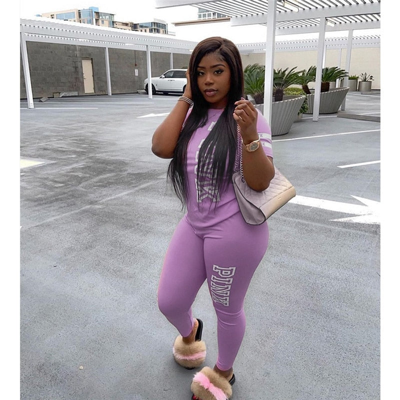 Casual 2 Piece Set Plus Size Women Tracksuit 3xl Pink Letter Print Tops + Biker Shorts Matching Sets Streetwear Outfits 3XL