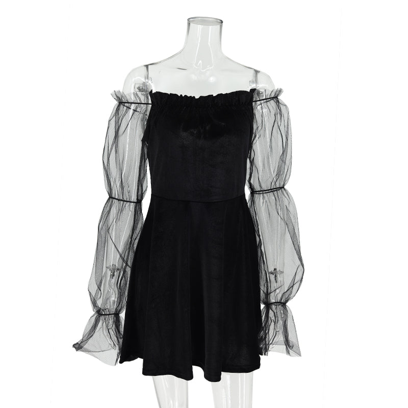 lovwvol Gothic Sexy Dress Vintage Off Shoulder Lantern Sleeve Mesh Patchwork Mini Dress Dark Street Black Dress Female