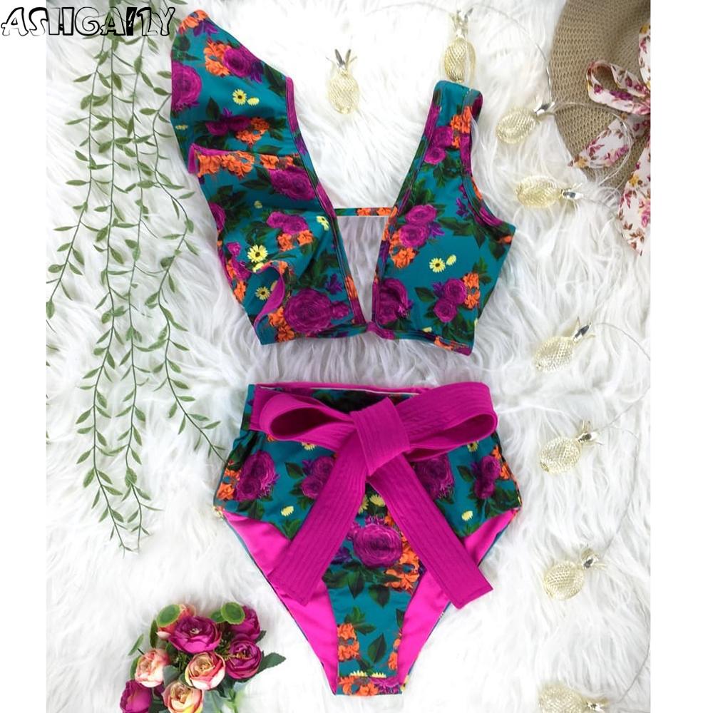 New Bikini Floral Ruffled Bikini Set Women V-neck High Waist Two Piece Swimsuit Girl Beach Bathing Suit Swimwear Biquinis